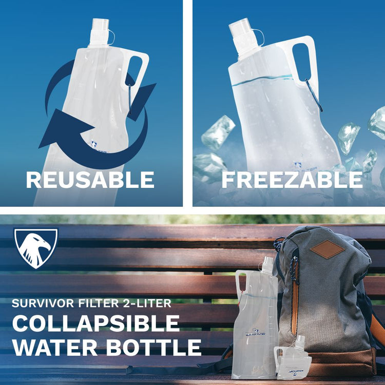 Survivor Canteens - Collapsible Water Bottles, Canteens 2 Pack of 32oz/67oz Clear/Black - Survivor Filter