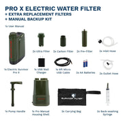 PRO X Electric Water Filter and Extra Replacement Filters and Manual Backup Kit - Survivor Filter