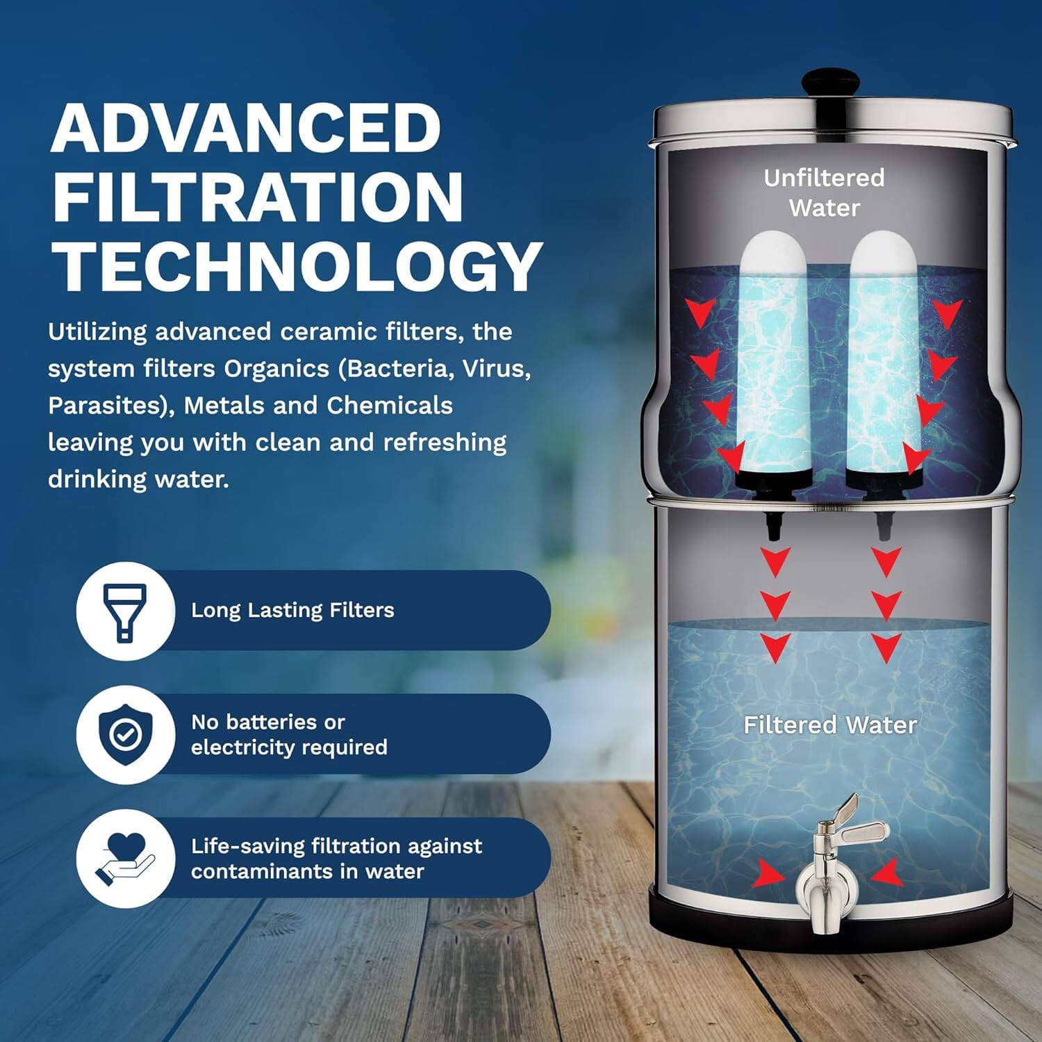 Gravity-fed ceramic water filter in use