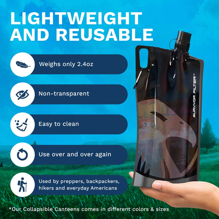 Survivor Canteens - Collapsible Water Bottles, Canteens 2 Pack of 32oz/67oz Clear/Black - Survivor Filter