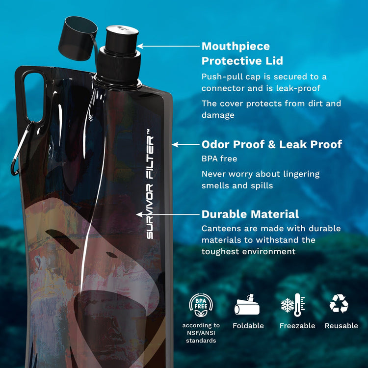 Survivor Canteens - Collapsible Water Bottles, Canteens 2 Pack of 32oz/67oz Clear/Black - Survivor Filter