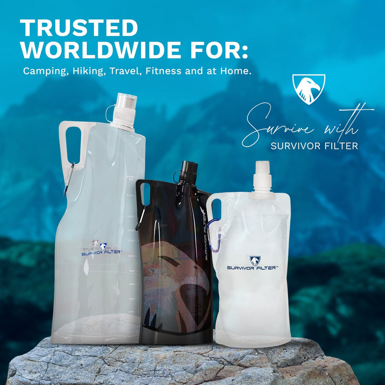 Survivor Canteens - Collapsible Water Bottles, Canteens 2 Pack of 32oz/67oz Clear/Black - Survivor Filter